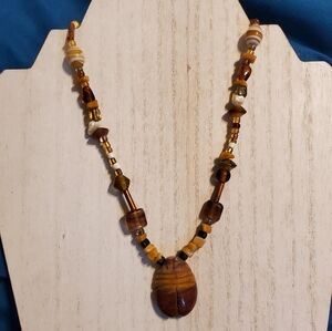 Vintage Handcrafted Jasper & Glass Carved Scarab Pendant Necklace